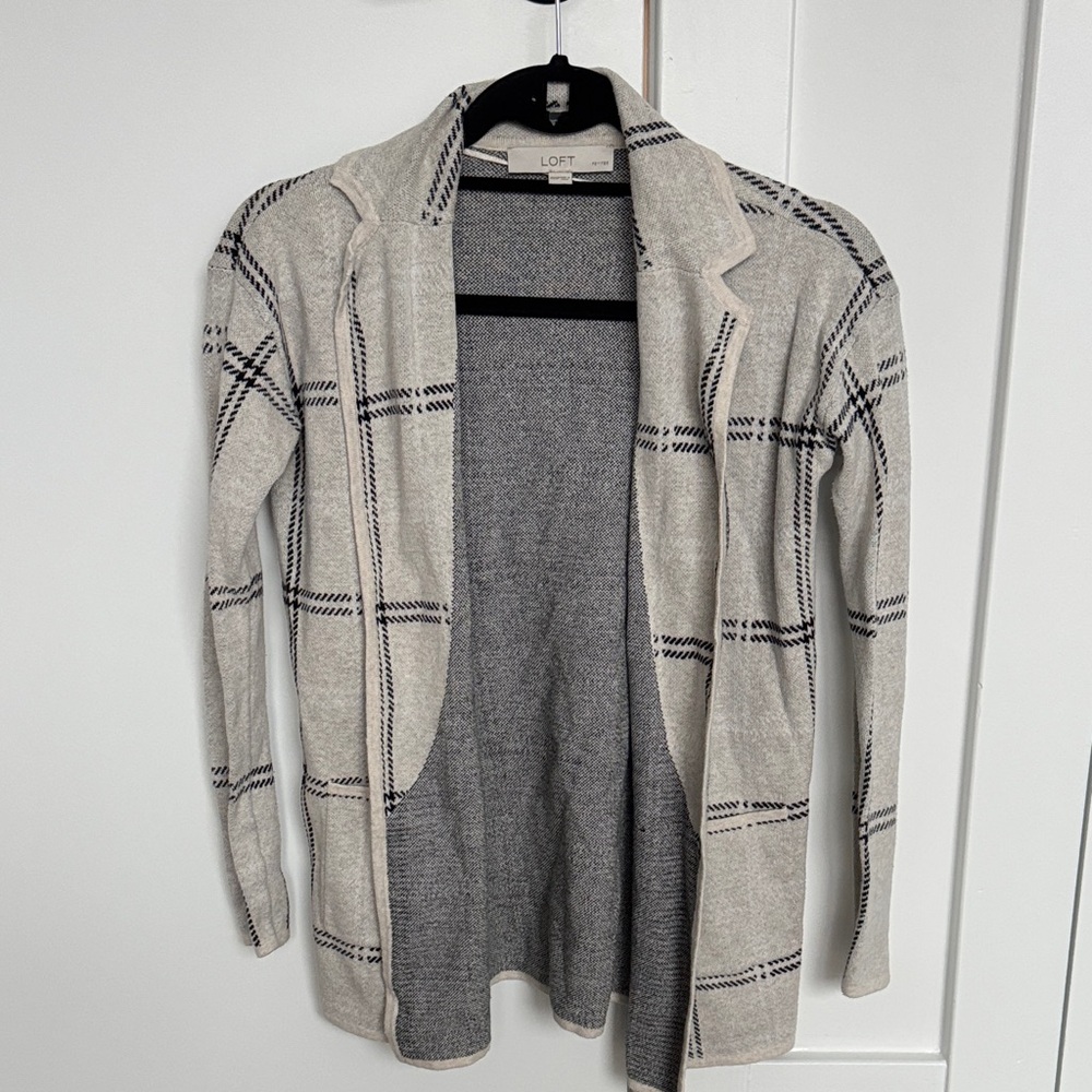 LOFT Cream and Black Plaid Open-Front Men's Cardigan
